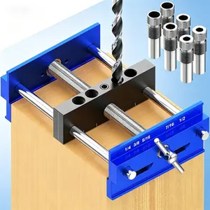 Self Centering Doweling Jig Kit 6.7 Inch, Upgraded Adjustable Width Dowelling Guide for Straight Holes, Biscuit Joiner Set with 6 Drill Guide Bushings, Reusable Precision Drilling Tool Accessory Jigs, Blue