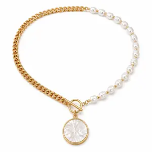 Viral Half Chain Half Pearl Necklace, Gold Toggle Clasp Pendant Necklace for Women, Old Money Pearl Jewelry for Everyday Outfit