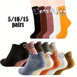 Women's 10/20 Multiple Packs Cute Cartoon Smiling Face 5 Mixed Color Low-Cut Ankle Socks - Soft Comfy Hosiery, Socks for Women, Ideal for Daily Wear