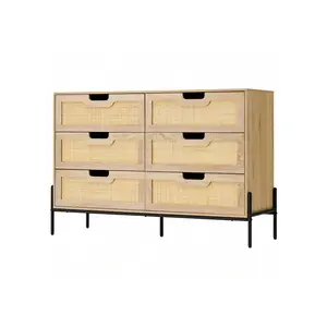 6 Drawers Dresser For Bedroom, Natural Rattan Drawer With Spacious Storage, Wood Chest Of Drawers With Metal Legs For Bedroom, Living Room, Hallway, Entryway (5 Drawers Dresser)