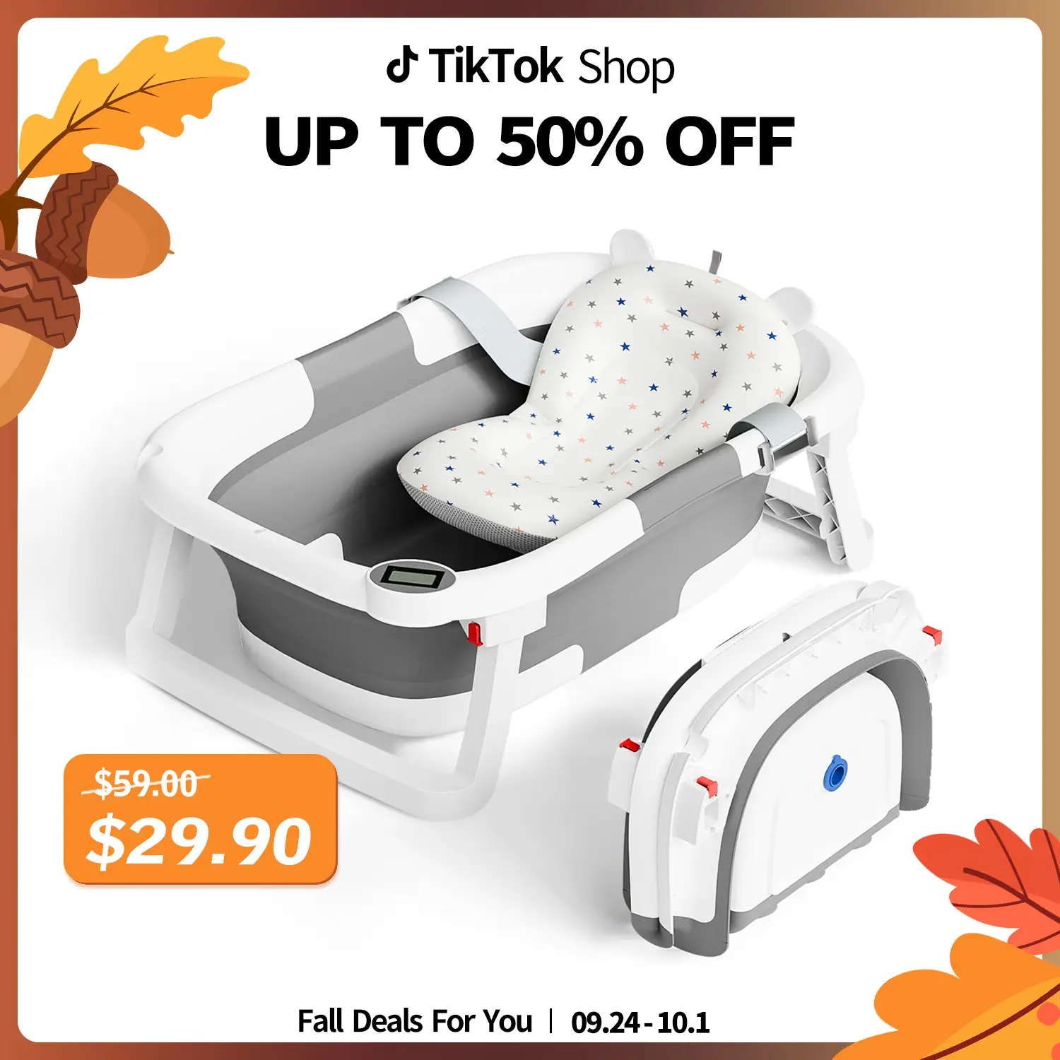 Collapsible Baby Bathtub for Infants to Toddler with Real-time Temp Monitor+Floating Cushion,Foldable Baby Bath Tub Set Applicable ,Perfect Portable T