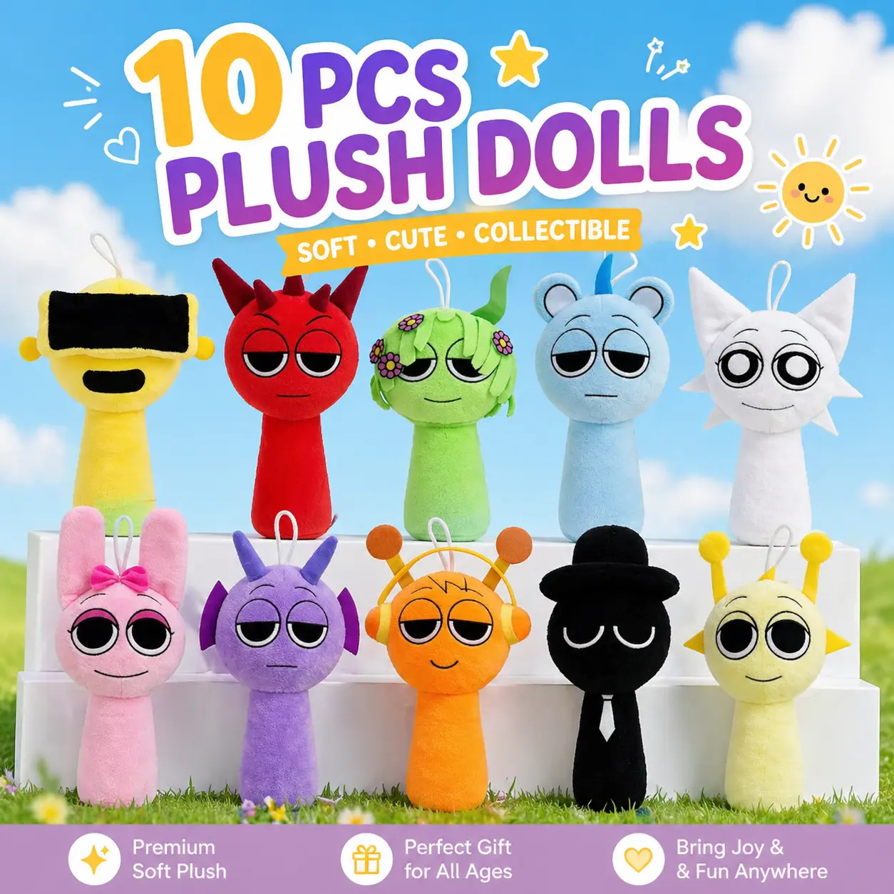 Soft Stuffed Animals Plush Dolls & Action Figures Set - 10PCS (18cm-20cm) Colorful Plush Stuffed Toys, 24/48PCS Anime Manga Music Game Collectibles, Unisex Cuddly Doll Gift, Room/Desktop Decoration