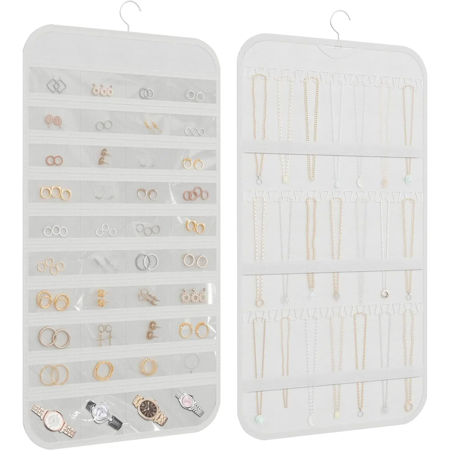 White Double-Sided Hanging Jewelry Storage Unit - Home Organizer Accessories Box with 40 Pockets, 36 Hooks for Necklaces, Earrings, Bedroom Storage Boxes