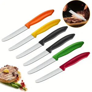 6-Piece Stainless Steel Knife Set, Colorful Handles, Ribbed Cut Edge, Tomato & Bread Knives, Dishwasher Safe, Perfect for Christmas Gifts