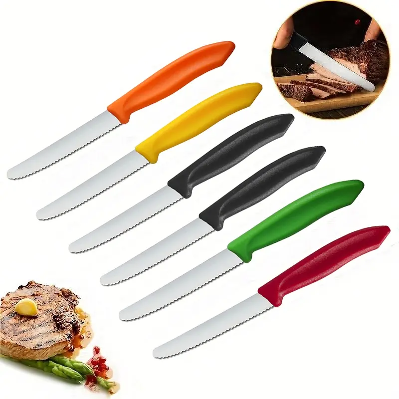 6-Piece Stainless Steel Kitchen Knife Set, Colorful Handles, Ribbed Cut Edge, Steak Knives, Tomato & Bread Knives, Dishwasher Safe, Perfect for Christmas Gifts