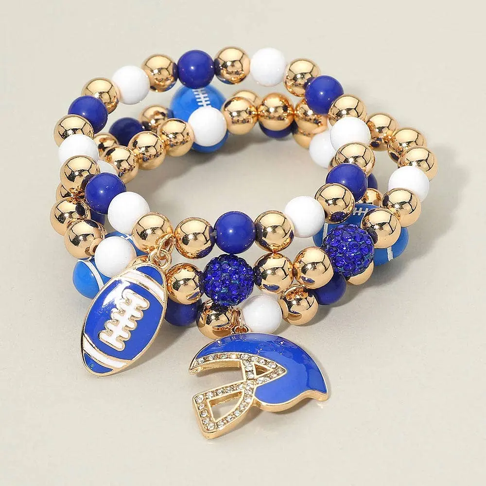 3PCS - Game Day Football Helmet Charm Beaded Stretch Multi Layered Bracelets