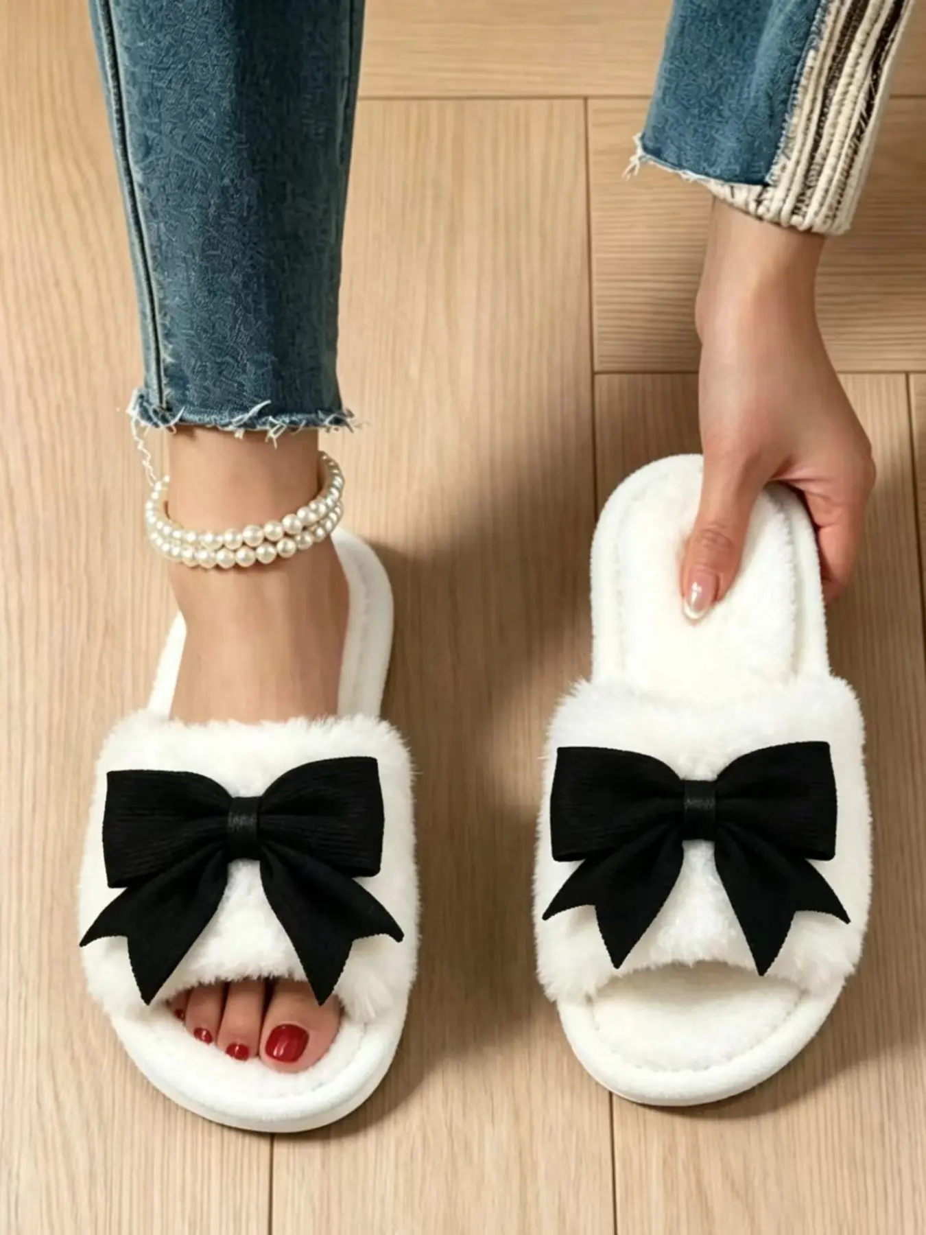 Women's Bowknot Open-Toe Fuzzy Slippers, Fluffy Home Slippers, Eva Foam Soft Sole Non-Slip Home Shoes, Casual Fall & Winter Footwear, Warm Indoor Footwear, Comfortable Indoor Wear