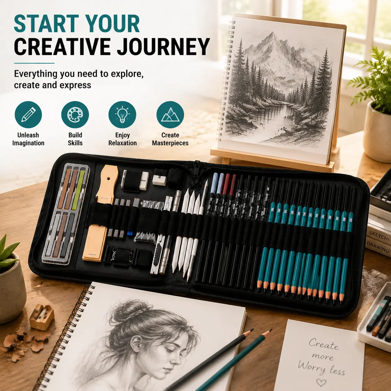 50pcs Beginner Artist Drawing Starter Kit with Sketchbook, Graphite Pencils, Charcoal Tools, Blending Stumps & Portable Carrying Case for Teens/Adults, Festive & Party Gift for Academic Advancement, Birthdays