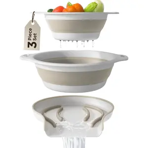 Collapsible Colanders 2 Pack Set Food Strainers with Over-Sink Water Draining Base for Pasta Fruits and Vegetables 4 and 5 Quart White Beige