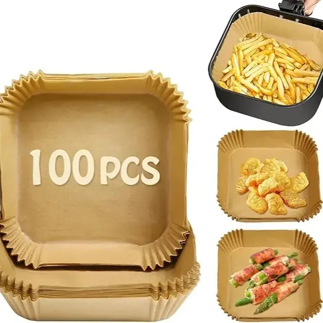 100PCS Air Fryer Paper Liners, unbleached and biodegradable material, disposable non-stick parchment paper for frying, baking, roasting and grilling. box Cake