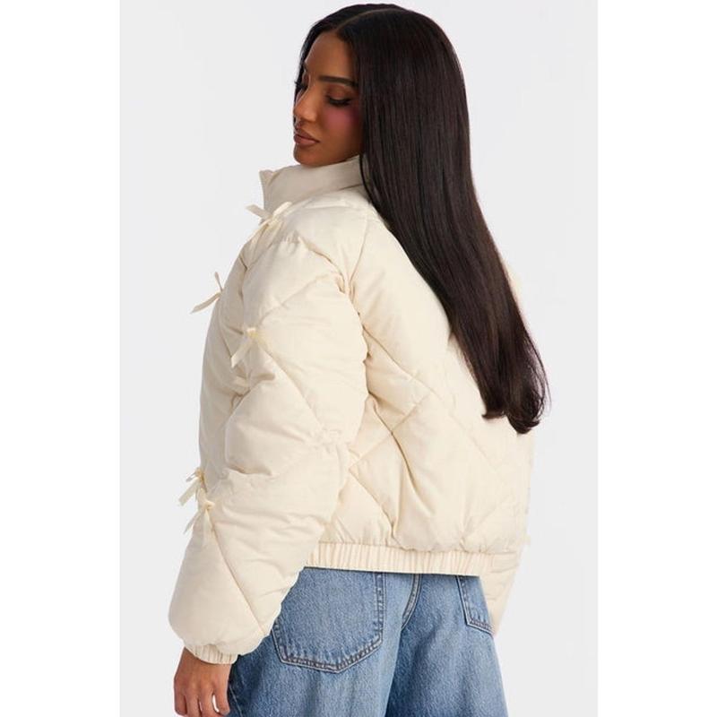 Cuteness Overload Bow Nylon Puffer Jacket - Cream H