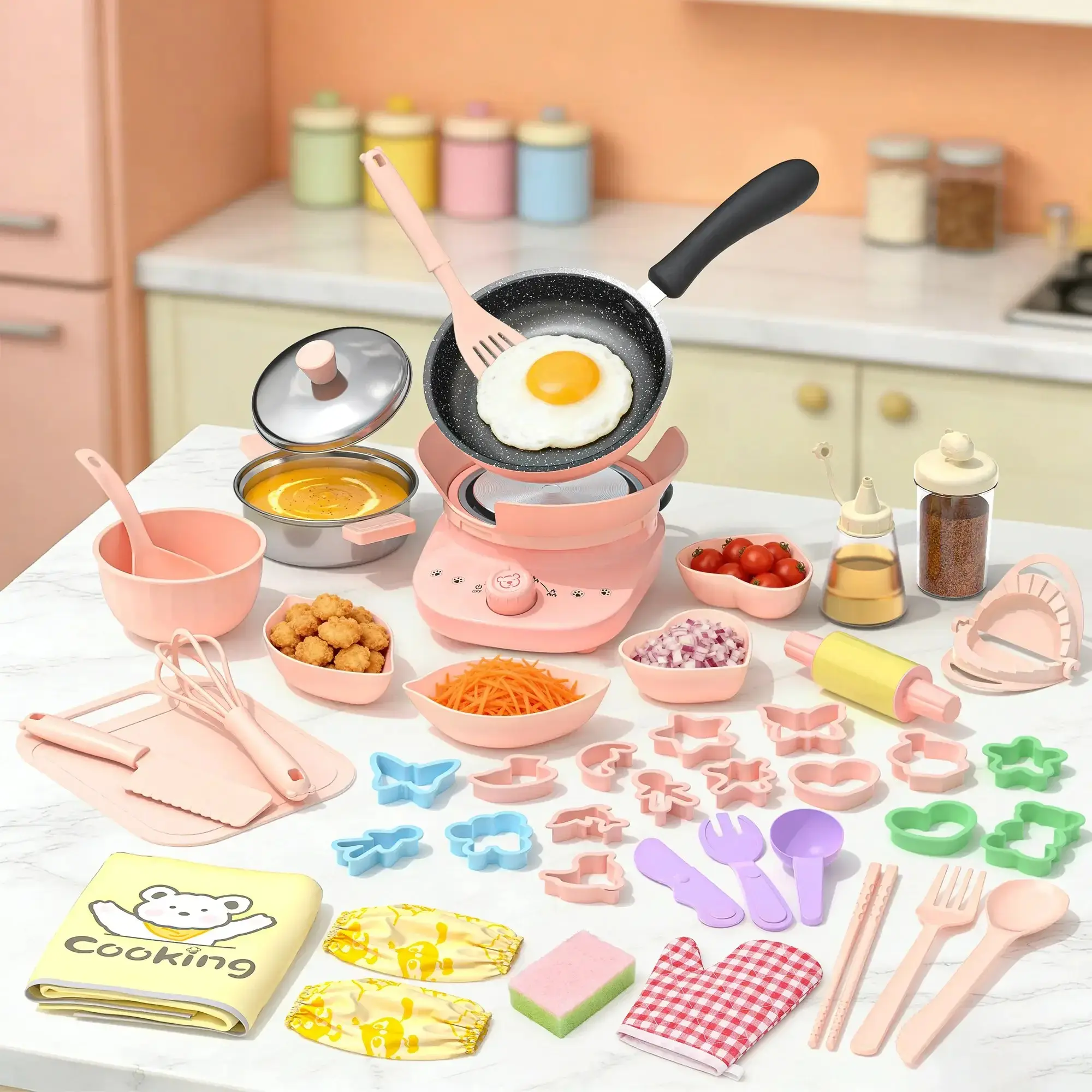 Mini Cooking Set for Kids Stainless Steel Pretend Play Kitchen Toys with Working Stove Educational Playset for Girls Boys Birthday Gift Indoor Home Unisex Toy