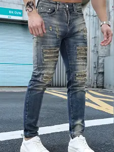 Men's Regular Fit Ripped Cowboy Jeans, Casual Comfy Elastic Slim-fitting Denim Jeans for Daily Wear, Fashion Men's Bottoms for All Seasons, Streetwear, Pants