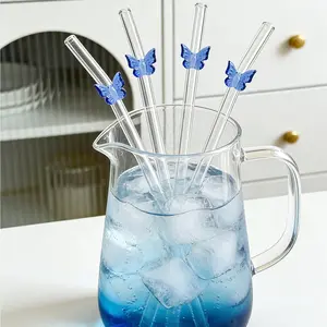 2/4Pcs Cute Blue Butterfly Glass Straws Set, Reusable Bendable Thick Glass Straw with Cleaning Brush, Kitchenware for Cold Drinks & More
