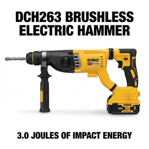 DEWALT DCH263 20V MAX XR Brushless 3-Mode Rotary Hammer, 3.0J impact, 28mm concrete drilling, SHOCKS anti-vibration. Brushless motor boosts runtime 50%, ideal for construction pros, electricians, renovators and home jobsites. Cordless electric driver