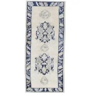 Blue Beige Grey Turkish Handmade Runner Rug