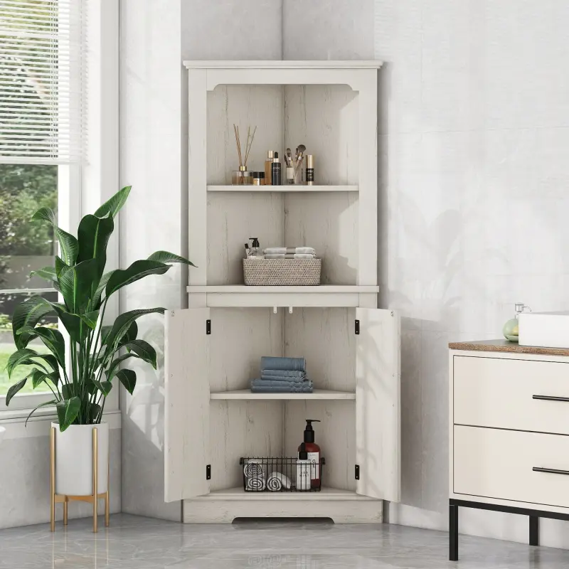 [Bellemave]Tall Corner Cabinet with Doors for living room, bathroom,Dining Room or Kitchen,color:Wood grain beige