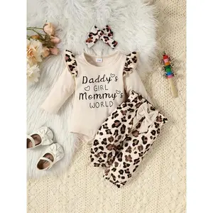 Girls' Letter Print Long Sleeve Romper Set with Pants, Includes Headband, Cute Casual for Kids, Perfect for Daily Wear, Baby Clothing