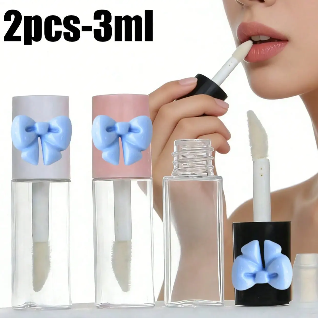 2-Pack 3ML Refillable Lip Gloss Tubes with Bow, Portable Transparent Lipstick Container, DIY Lip Color Cosmetics, Women Gift