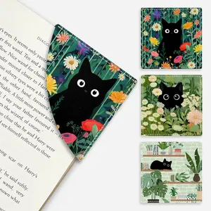 Cute Black Cat Floral Corner Bookmarks, Funny Leather Book Accessories for Book Lovers, Set of 3 Reading Page Markers for Women, Men, Students, Teachers, Girls, Boys — Ideal Retirement and Birthday Gifts