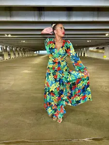 So Regal Floral Maxi Dress - Casual Chiffon with Plunging Neckline & Long Sleeves - Belted Tiered Skirt