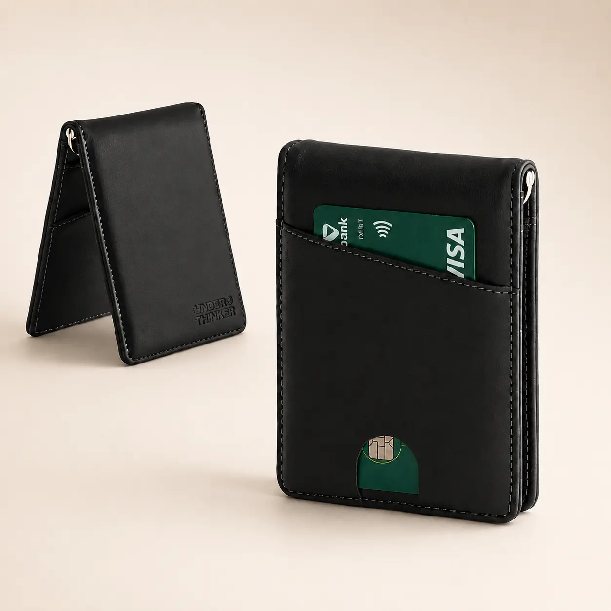 UNDER THINKER Genus RFID Money Clip Wallet for Men, Compact Faux Leather Wallet with ID Window, 6 Card Slots, Gift Box Included FBT