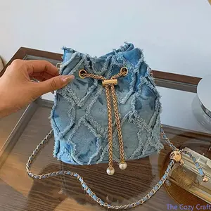 Chic Quilted Denim Bucket Bag | Trendy Sweet Chain Crossbody Shoulder Purse, Versatile Stylish Casual Handbag, Minimalist Daily Accessory for Street Style Dating Shopping Weekend Daily Commute