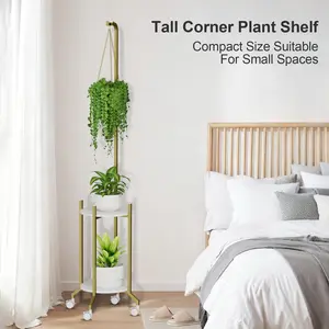 VyGrow 2 Tier Rolling Plant Stand – Tall Metal Corner Shelf with Wheels for Indoor/Outdoor Use, Holds 3 Potted Plants, Space-Saving Flower Stand for Living Room Bedroom Patio, Gold,Black
