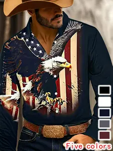 Men's Eagle American Flag Western Shirt, Long Sleeve Denim Shirt, Outdoor Sports Casual Spring Fall Button-Up Shirts, Blue