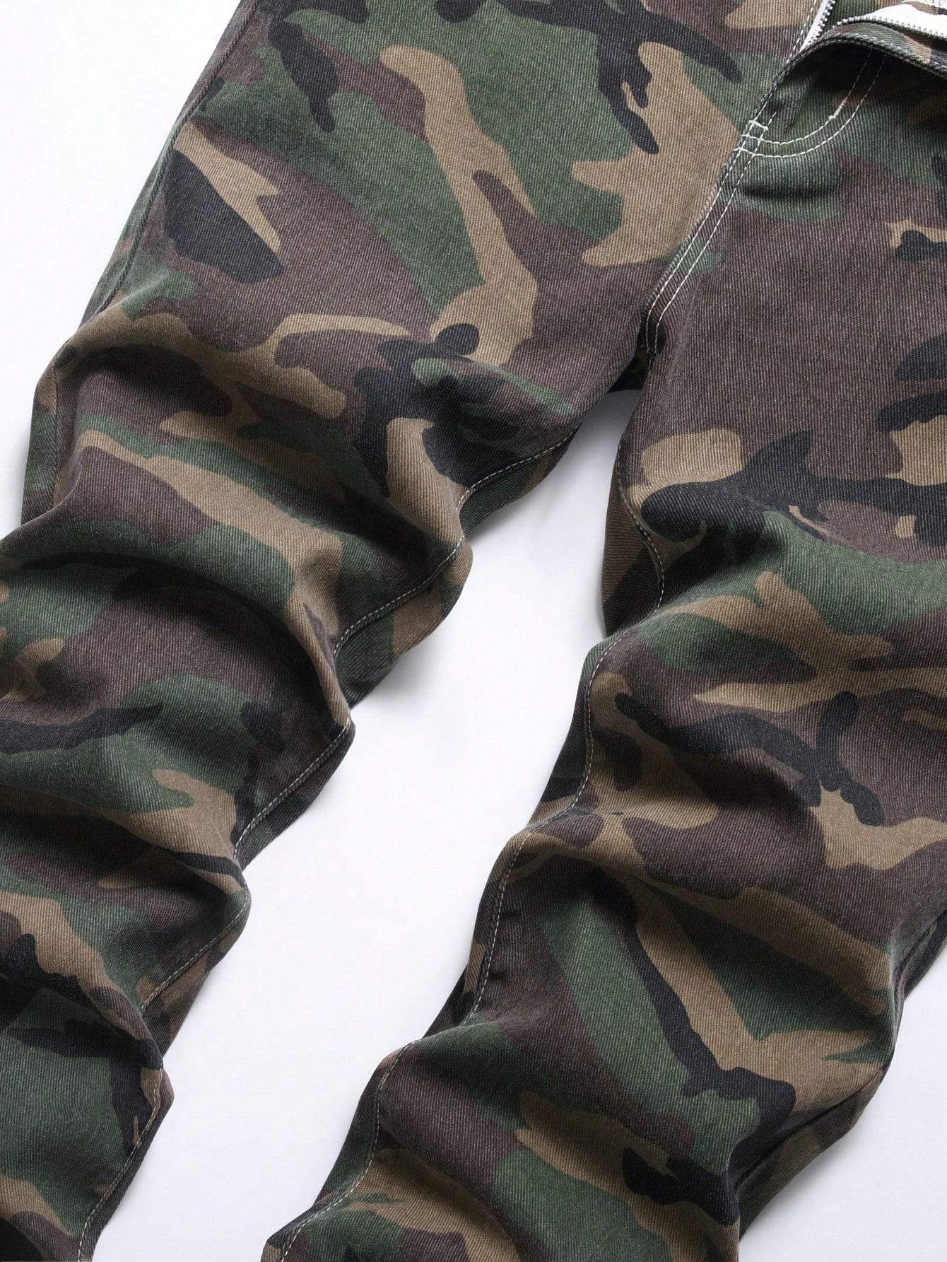 2 Pieces Men's Jeans Black & Camouflage Pattern Fashion Denim Pants Y2k Streetwear Ripped Casual Trouser Pocket Menswear