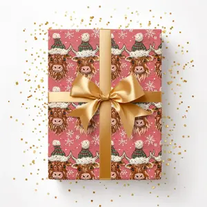 Cute Christmas Highland Cow 3D Gift Wrap, Wrapping Paper, Gift Packaging, Holiday Gift, Retro Style, Farm Life, Cow Lover, Pink Christmas