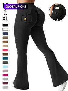 Women's High-Waisted Tight-Fit Flare Pants with Pockets, V-Shaped Waist Design Butt-Lifting Yoga Pants, Casual Fall Winter Workout Wear, Flared Yoga Gym Sportswear Bottoms, Gym Workout Leggings