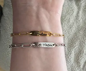 Custom Paperclip Bracelet – Engraved ID Bar – Tarnish Resistant Stainless Steel – Minimalist Jewelry In Gold or Silver