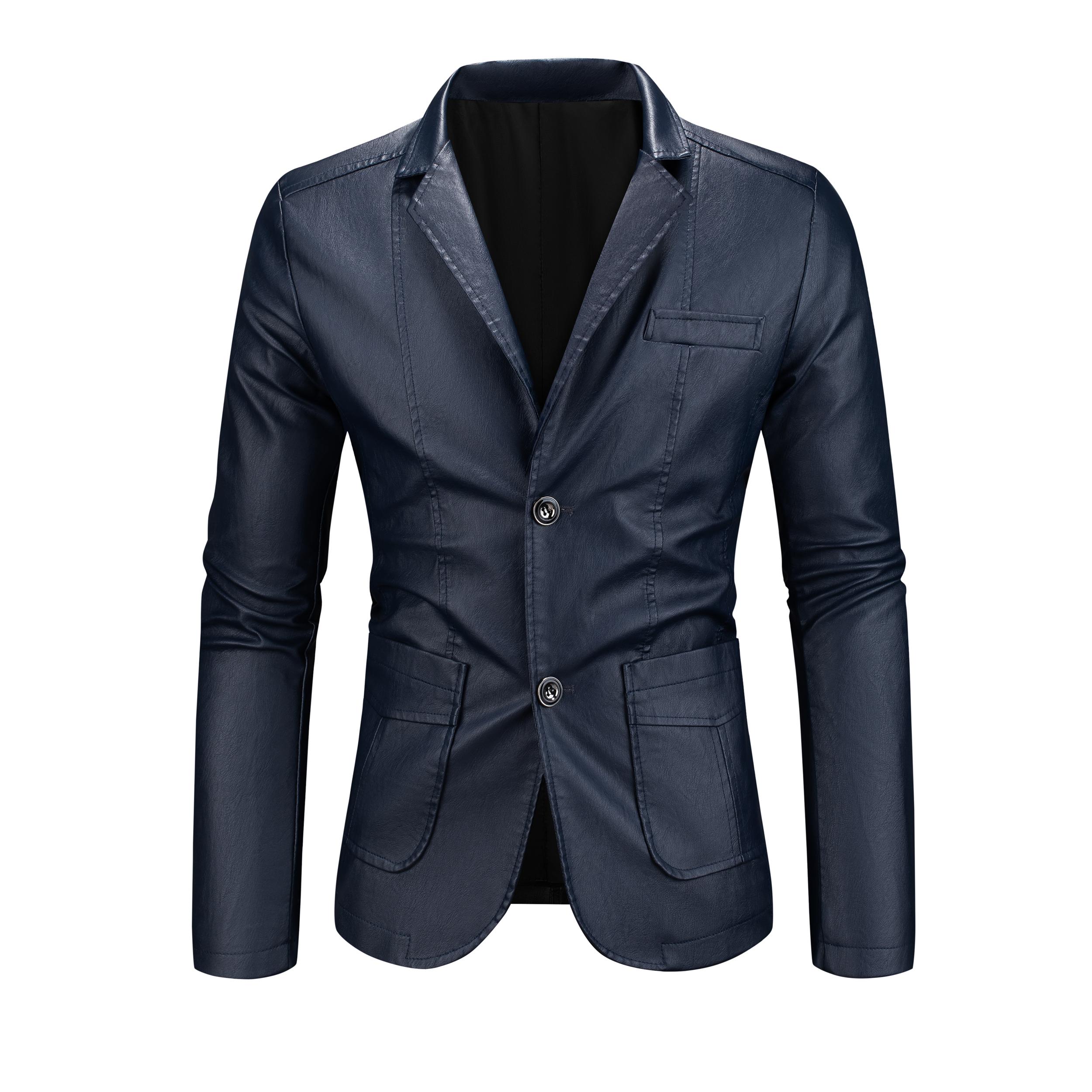 Men's Chic Faux Leather Slim-Fit Double-Button Blazer - Plain, Do Not Iron Business Casual Menswear for All-Seasons Commuting