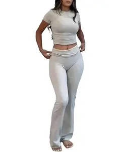 FireSwan Two Piece Lounge Sets for Women Fold Over Flare Pants Short Sleeve Crop Top Y2k Outfits Matching Set Tracksuit