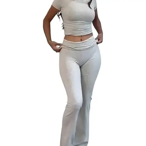 FireSwan Women's 2-Piece Trendy Casual Wear Lounge Set - Shortsleeve Crop Top, Flared Fold-Over Pants, Y2k Clothes Tracksuit