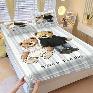 Cute teddy bear printed pattern bed sheet, including 1 bed sheet and 2 pillowcases, anti slip dust cover suitable for bedrooms and guest rooms, suitable for personal use or gift giving