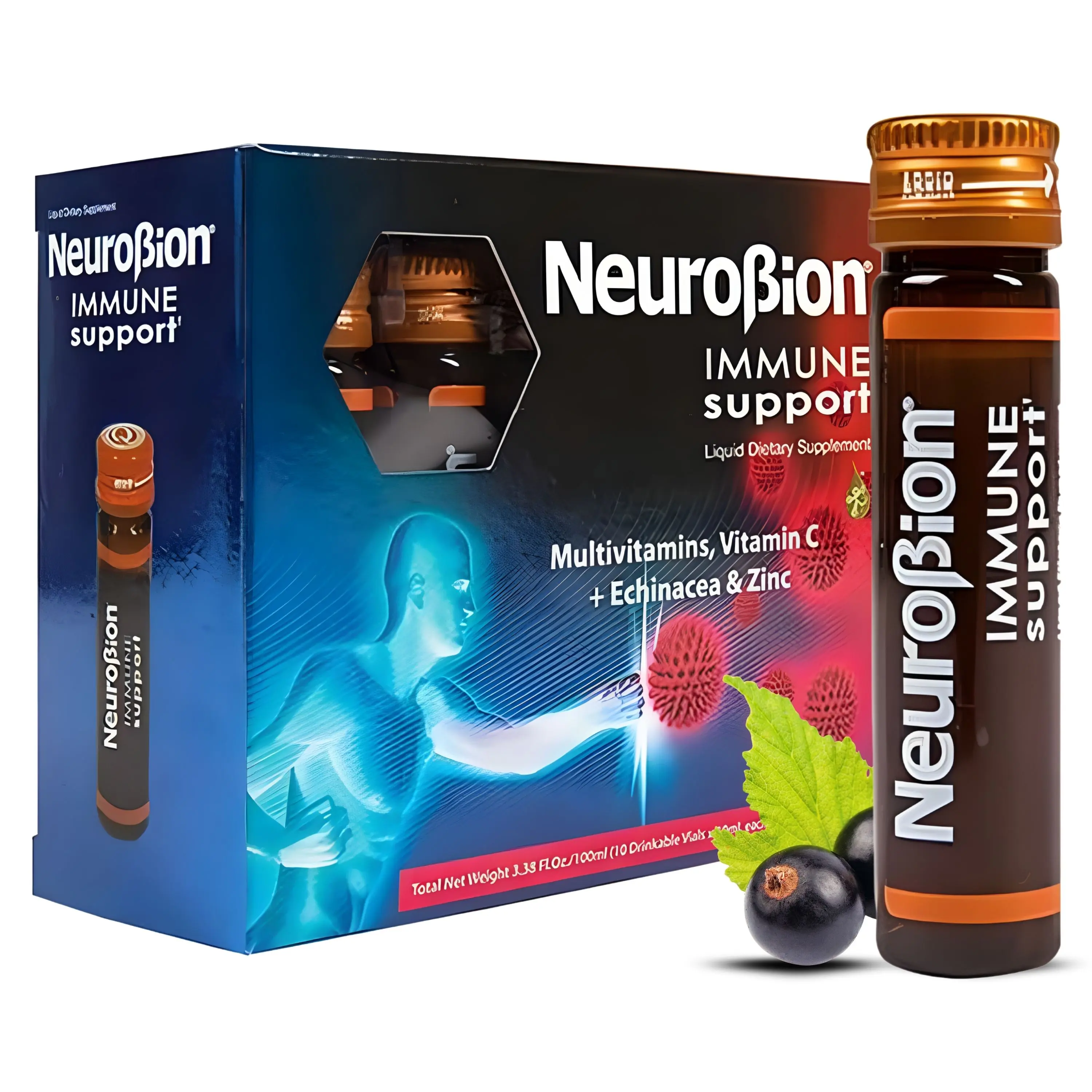 Neurobion Dietary Liquid Vitamin Supplement with Vitamin C, Immune Support, Daily Nutrition, Echinacea, Essential Minerals & Zinc, 10 Vials x 10 ml
