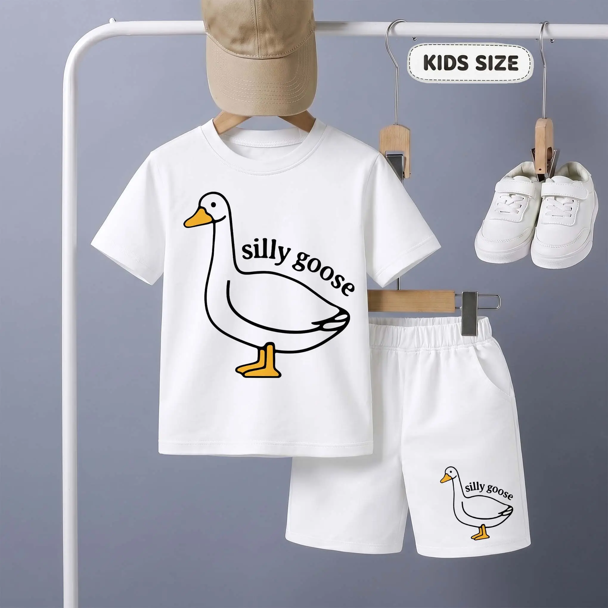 Boys' Silly Goose Print Short-Sleeve Shirt & Shorts Set, Casual Summer Kids' Clothing (2-3y(100),10-11y(150),12-13y(160)) - Round-Neck Outfit for Everyday Wear, Outdoor Play, Shorts Boys' Sets, Shirt And Shorts Boys' Sets