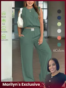 Women's Solid Linen Loose Sleeveless Vest Top Wide Leg Pants Set 2PCS, Spring Summer Casual Vibrant Multiple Colors Elastic Waist Straight Leg Pants Suit, Comfortable Breathable Summer Lounge Wear