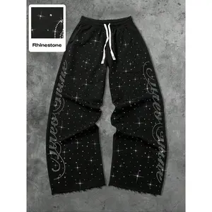 Men's Trendy Rhinestone Straight Leg Sweatpants, Raw Hem Design, Comfortable Daily Wear, Perfect for Casual Outings and Relaxing