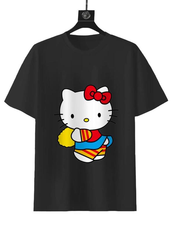 SHANRIO Cheerleading Hello Kitty Unisex Tee - Red T-Shirt with Hello Kitty Graphic Design for Unisex Wear Featuring a Colorful Bow and Striped Outfit