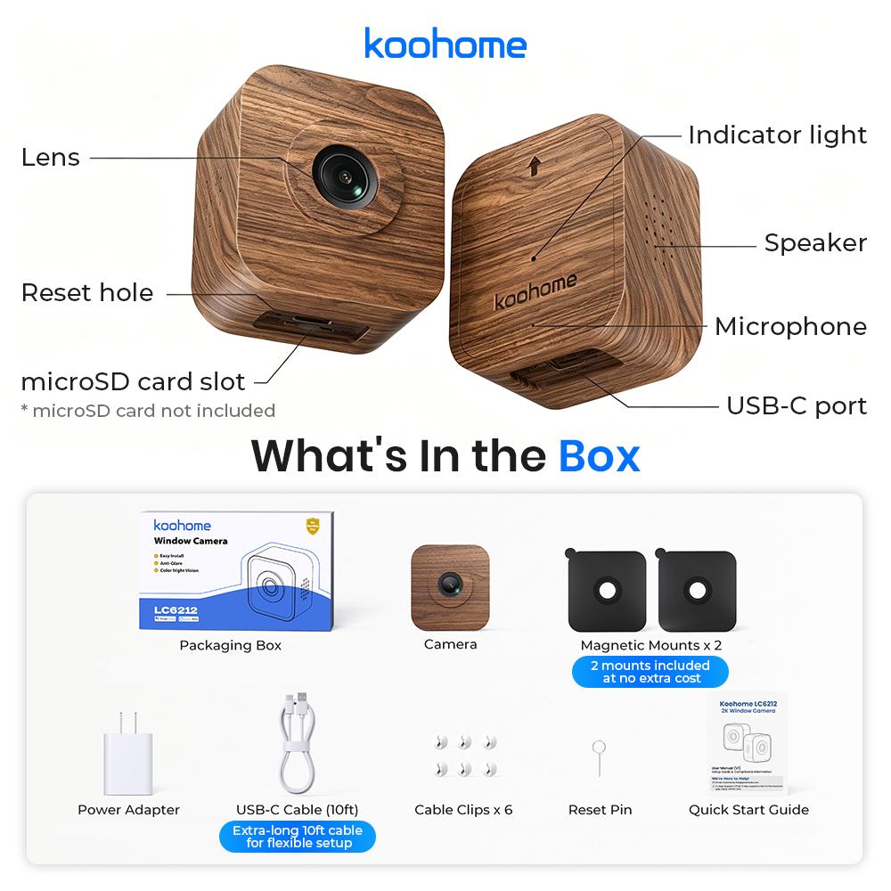 Koohome 3K Window Security Camera, Walnut Wood Design & Magnetic Mount, Full-Color Night Vision, Free Cloud Storage, SD Card Slot, Dual-Band WiFi, Motion & Person Detection, 24/7 Recording, Easy Setup for Home & Apartment