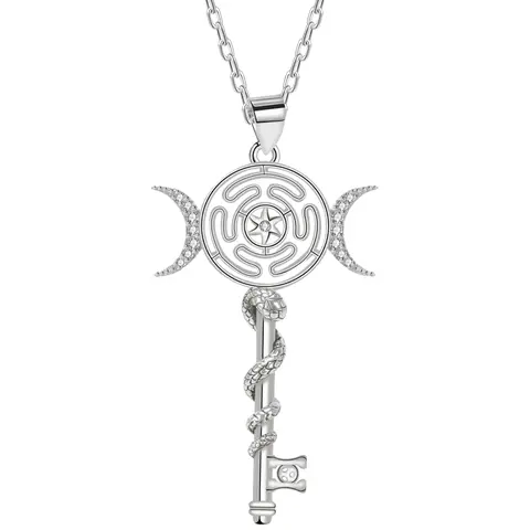 Hecate Triple Moon Goddess Key Necklace, Pentagram Witches Knot Pendant Necklace, Tetragrammaton Amulet Gothic Witch Jewelry Gifts for Women Men, Witchy Jewelry