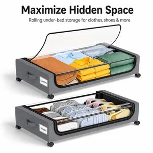 2 Pack Under Bed Storage Organizer with Wheels, Clear Lid Rolling Storage Drawer for Clothes, Shoes, Blankets, Dorm and Bedroom