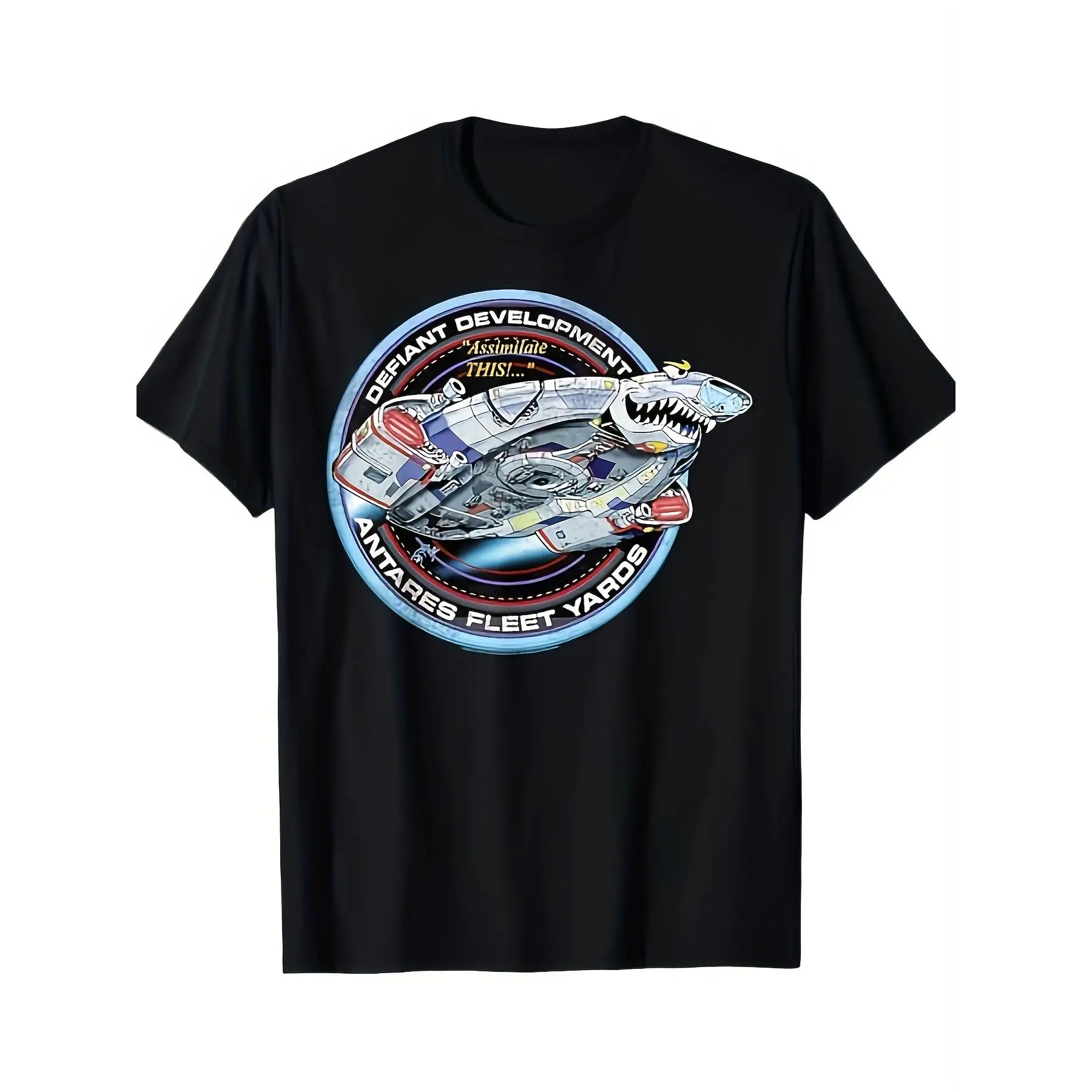 [Comfortable] Deep Space Nine Defiant Development Patch T-Shirt, 100% Cotton, Casual Crew Neck Tee, Short Sleeve, Regular Fit, With Heat Transfer Print, For Men, All-Season Knit Fabric, Streetwear Fashion |   Scifi Themed Shirt |   Durable Knit Fabric