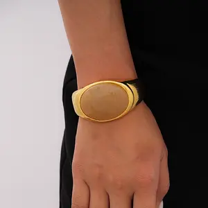 1pc Vintage Luxury Elegant Personalized Gold-Rimmed Natural Citrine Chunky Cuff Wide Open Bangle Bracelet, Suitable For Women's Daily, Date, Gala, Music Festival, Christmas, Mother's Day, Valentine's Day Gift