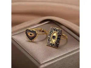 Evil Eyes Geometric Heart Shape Open Rings,Rectangle Turkey Lucky Rings (Adjustable,Set of 2)