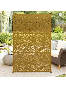 Modern Corrosion-Resistant Fade-Resistant Brown Leaves Metal Privacy Screen, 72" H x 47" W 3-Panel Freestanding Divider with Stand, Outdoor Decorative Fence for Patio Lawn (Christmas Gift Option)