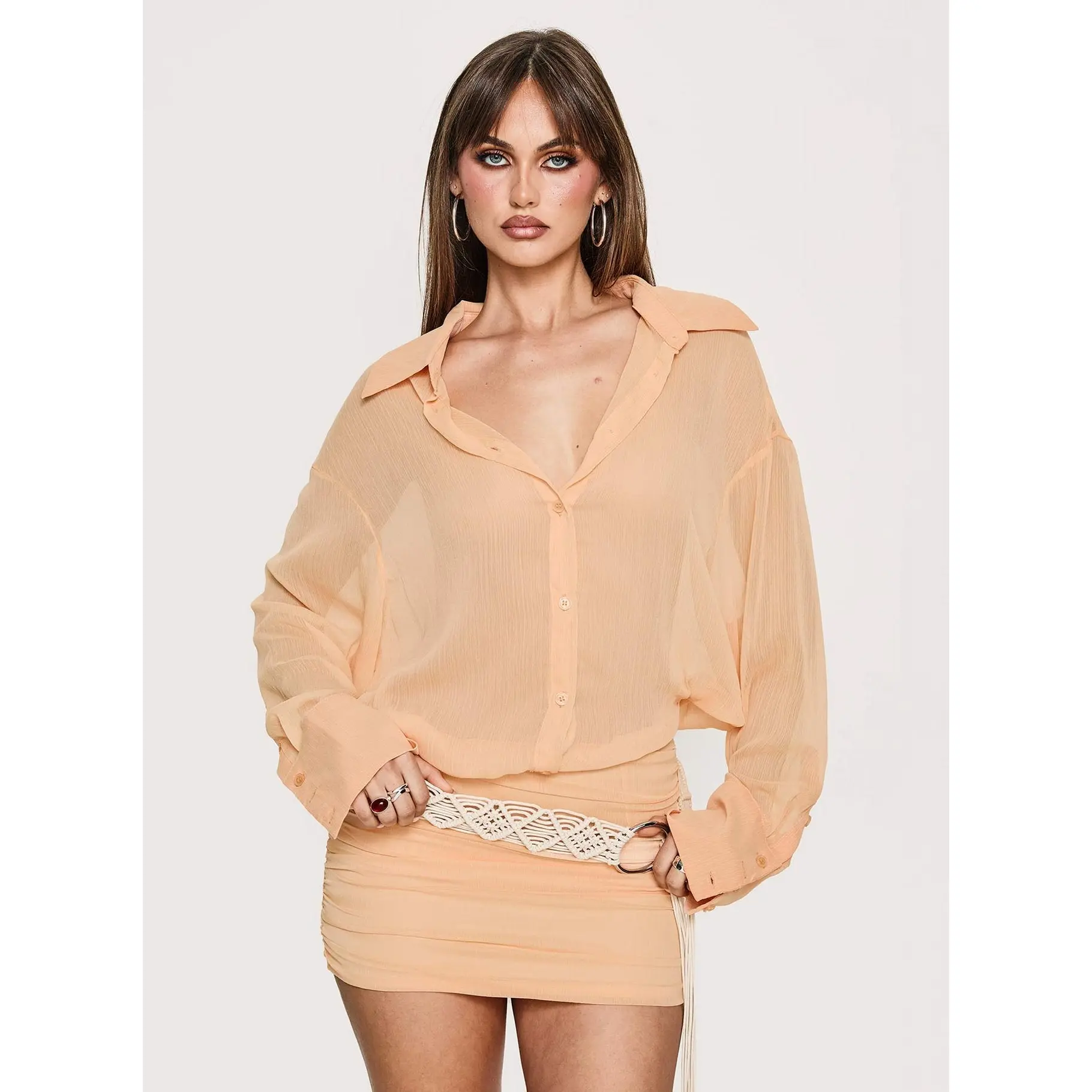 Moonrising Long Sleeve Sheer Blouson Mini Dress Soft Orange